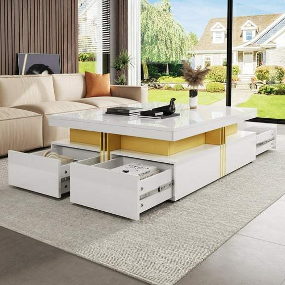 [Luckynote]Modern Glossy Square Storage Coffee Table with 4 Drawers, 43.3", White