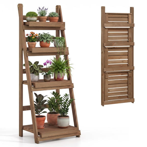 Costway 4-Tier Plant Stand Foldable Ladder Plant Shelf with Slatted Shelves, Fir Wood Frame Brown