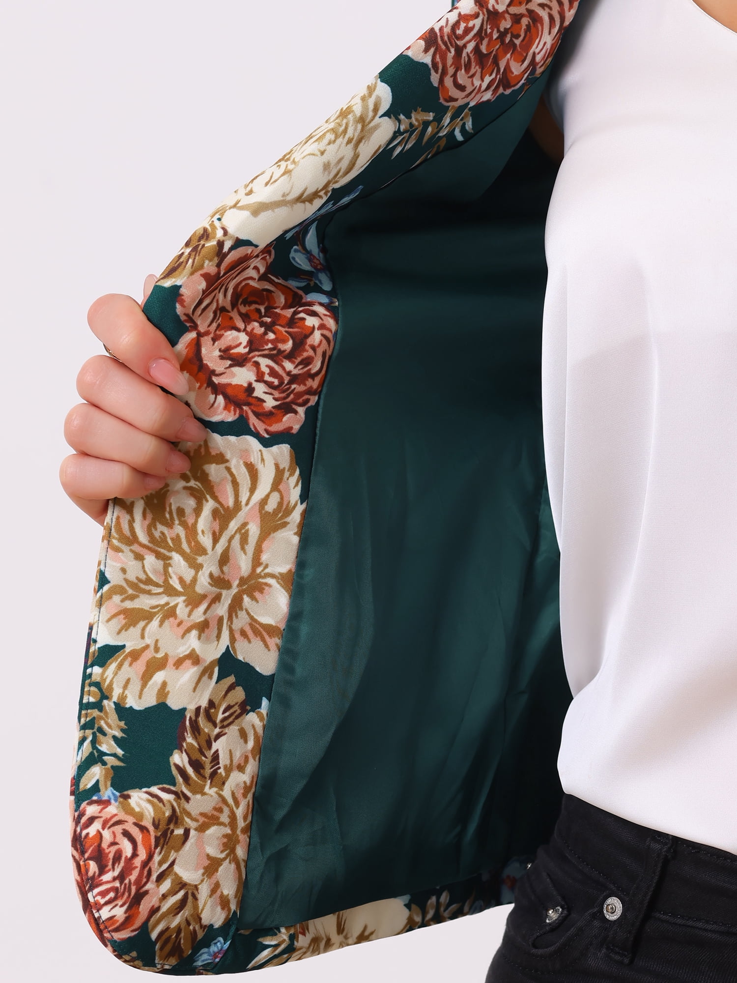 DARING DIVA Women's Elegant Notched Lapel Floral Print Blazer L Dark Green-Floral