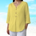thumbnail image 6 of Women's Cotton Linen Tops Casual 3/4 Sleeve Button Down V Neck Blouses Lightweight Breathable Loose Fit Summer Vacation Shirts for Women Yellow S, 6 of 9