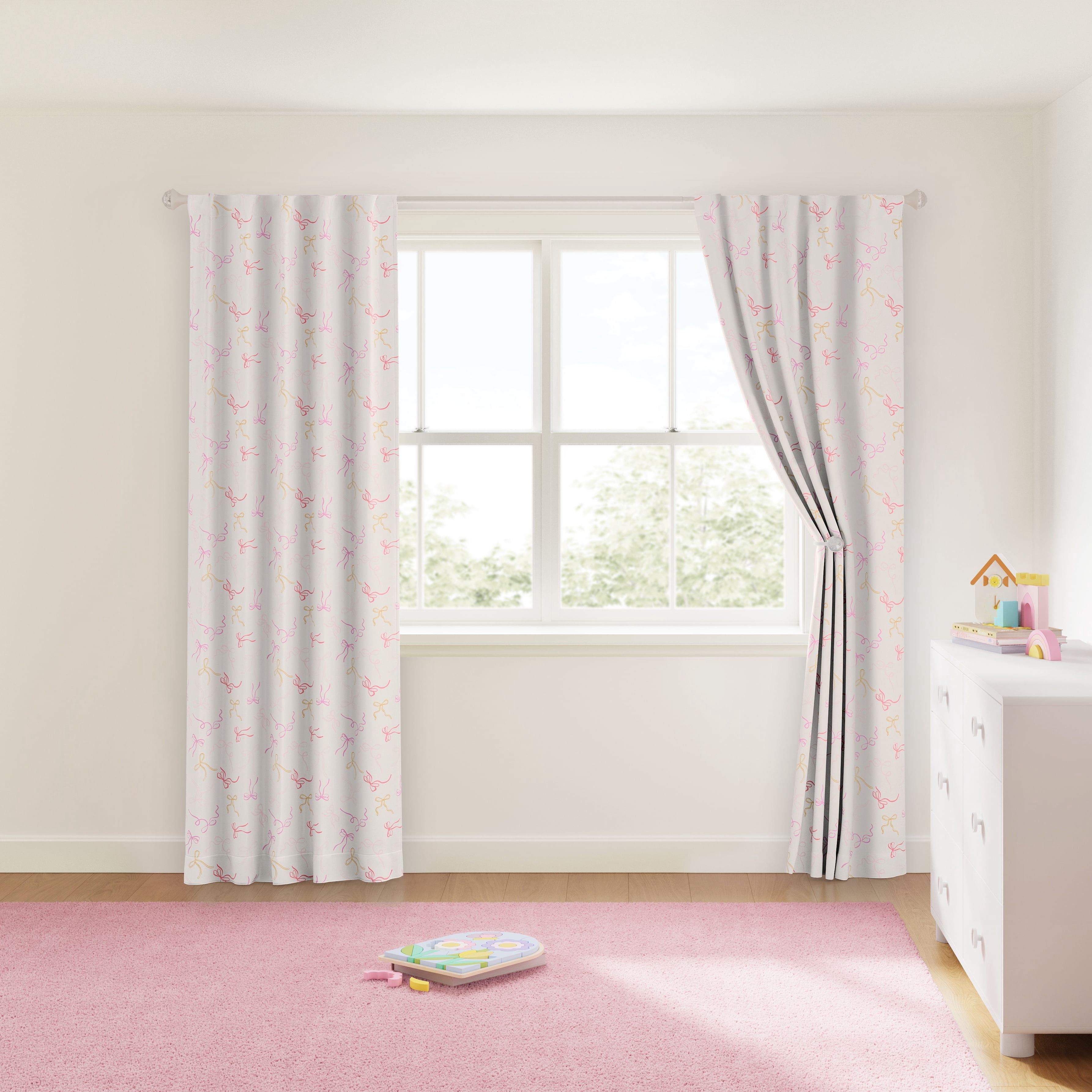 Mainstays Kids Pink and Yellow Ribbon Printed Blackout Rod Pocket with Back Tabs Single Curtain Panel, Set of 1, 38" W x 84" L