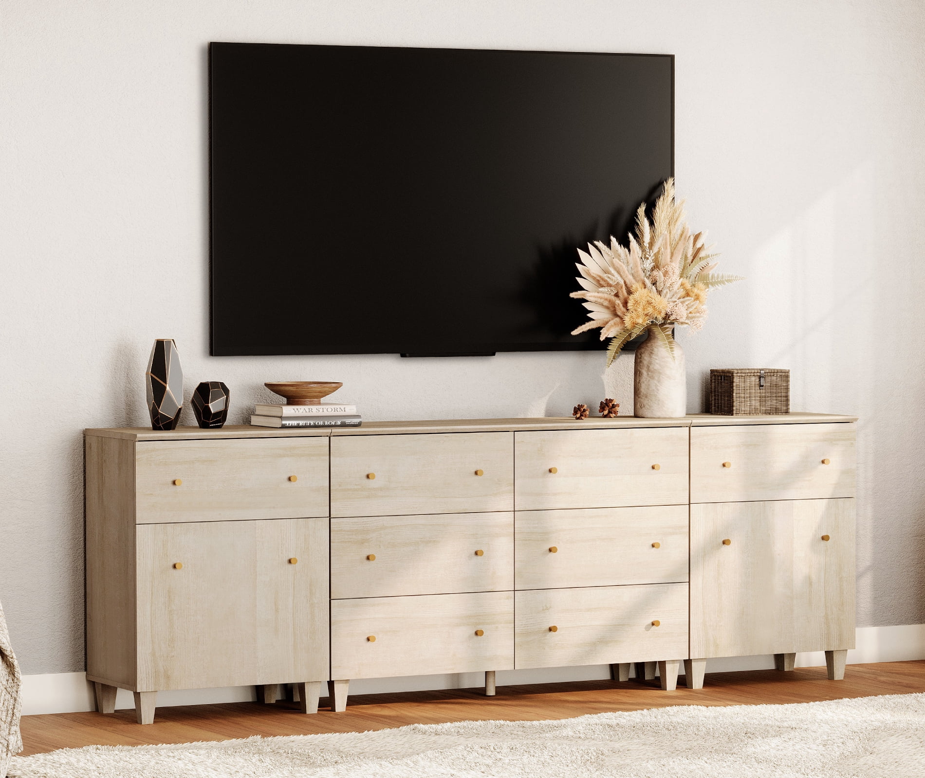 WAMPAT TV Stand for 100+ Inches TVs, 3-in-1 Modern Wooden Media Console with 8 Spacious Drawers and 2 Storage Cabinets for Living Room, Light Oak