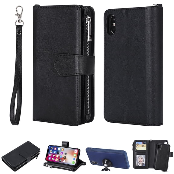 iPhone XS Max Wallet Case, iPhone XS Max Stand Cover, Allytech Premium PU Leather Wallet Purse Zipper Pocket With 6 Card Slots, Detachable Magnetic Back Case for Apple iPhone XS Max, Black