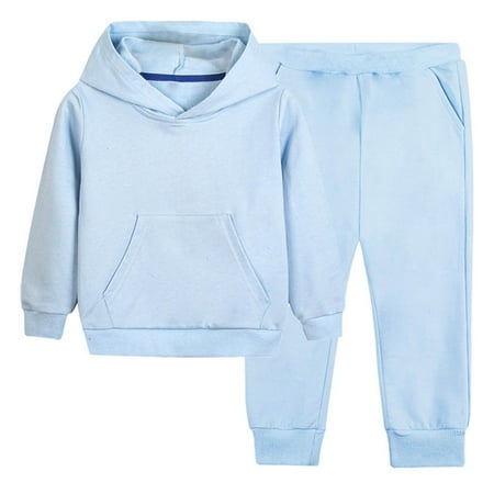 SERTG Kids Solid Color Hooded Sweatshirt Set with Fashion Long Pants Fall Winter Soft Two Piece Outfit for Children 2-12 Years(Light Blue 5-6 Years)