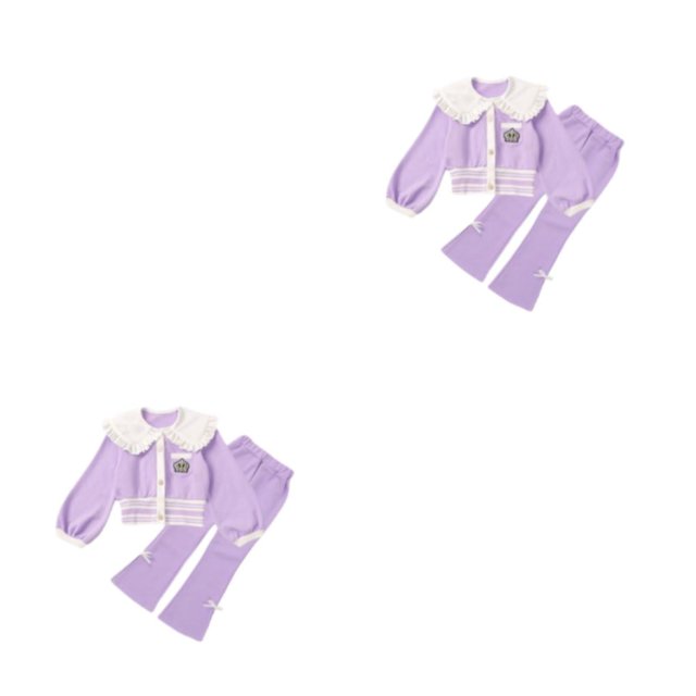 Minnieouse Traje de ropa de salón de primavera para niñas Ropa deportiva coreana Abrigos con cierre de botones Pantalones de cintura elástica Púrpura ciento treinta 2piezas