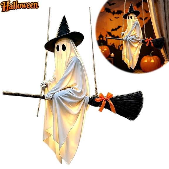 Lighted Hanging Ghost on Broomstick Halloween Ornament with Remote Control, Cute Glowing Witch Ghost Hanging Decor, Porch Tree Window Yard Patio Indoor Outdoor Spooky Halloween Decorations