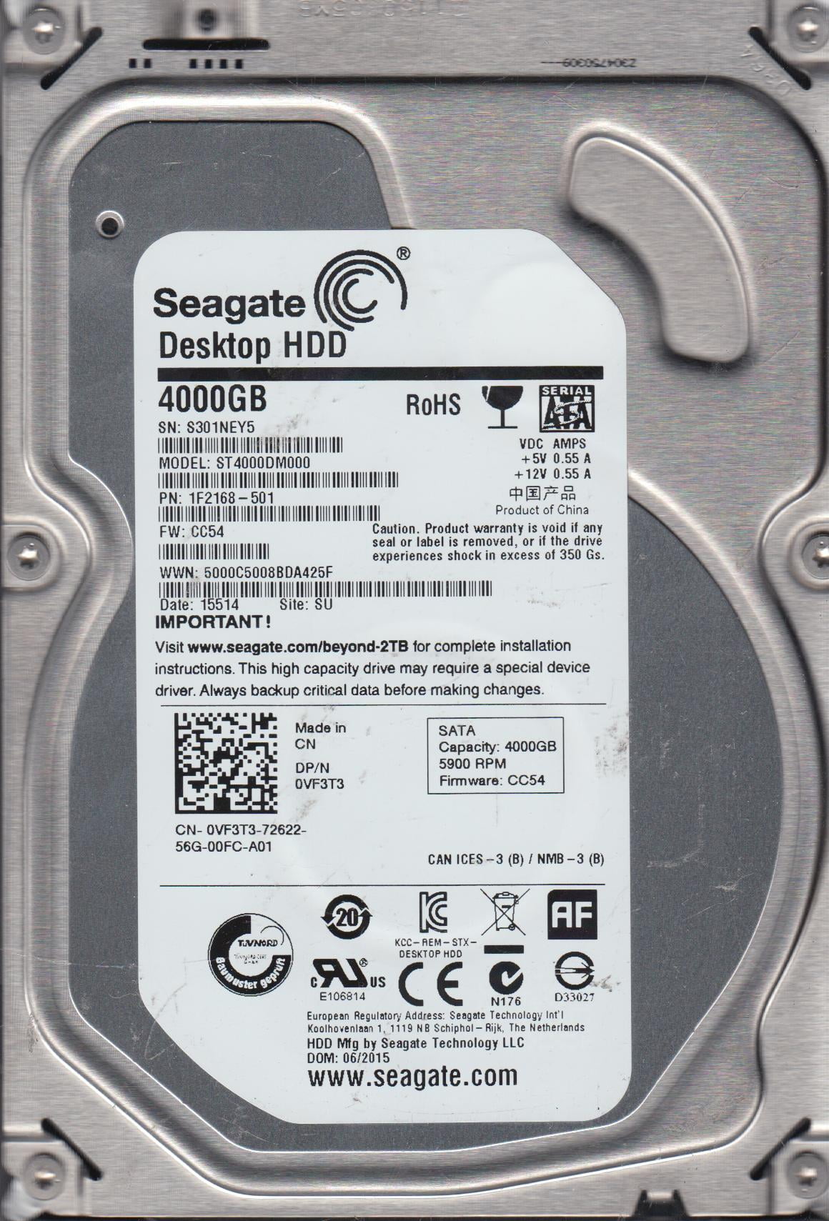 1F2168-501 F//W Seagate ST4000DM000 P//N CC54 SU S30 Desktop HDD 4TB