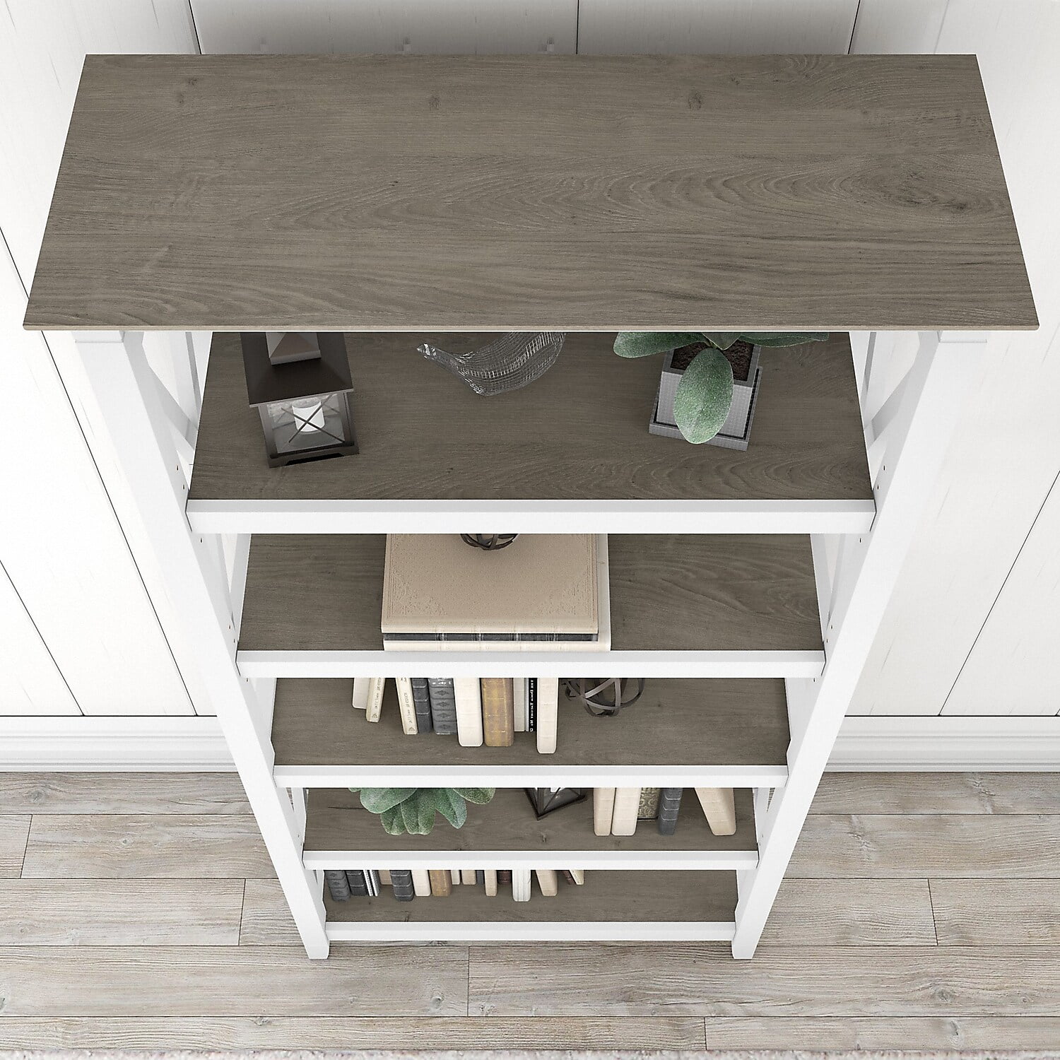 Bush Furniture Key West Tall 5 Shelf Bookcase, Set of 2, Pure White & Shiplap Gray