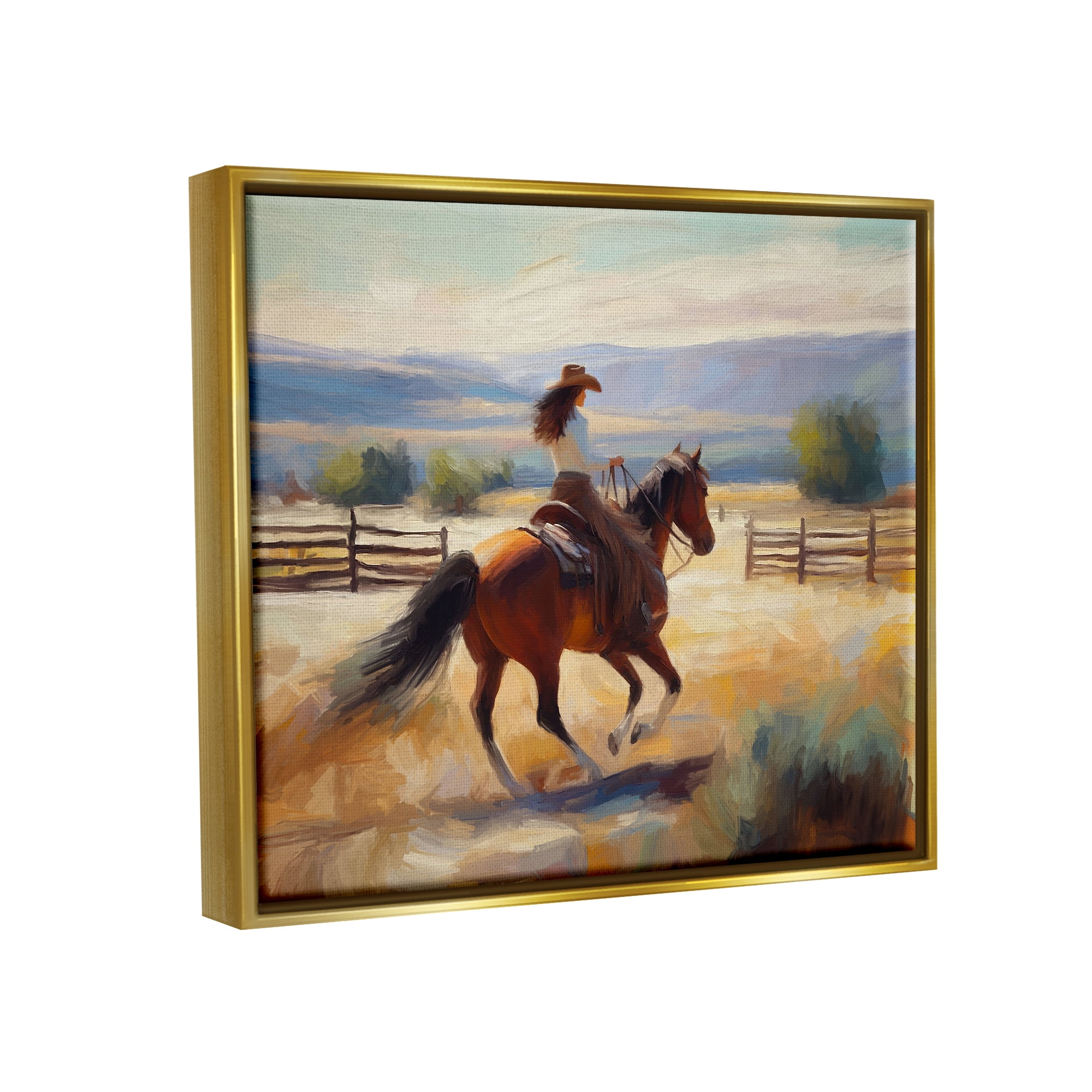 Stupell Industries Galloping Cowgirl Landscape Animals & Insects Painting Gold Floater Framed Canvas Art Print Wall Art, 31 x 25