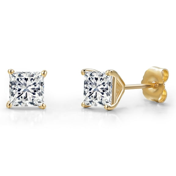 Gem Stone King 2.00 Cttw IGI Certified Lab Grown Diamond Stud Earrings for Women in 14K Yellow Gold | 1 Ct each Princess Cut | VS1-VS2 Clarity | E-F Color
