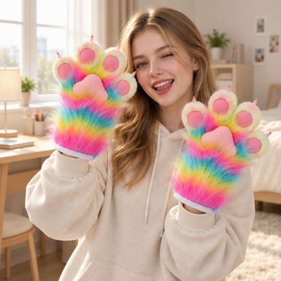 QccHieUs Fursuit Paw Mitten Cosplay Use Animal Paw Glove Soft Fingerless Furry Claw Rainbow B