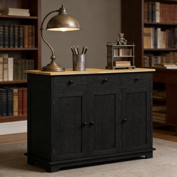 Xukmct Wood Buffet Cabinet with 3 Drawer and Inner Shelves, 3 Doors Kitchen Cabinet for Living Room, Kitchen, Dining Room, Black