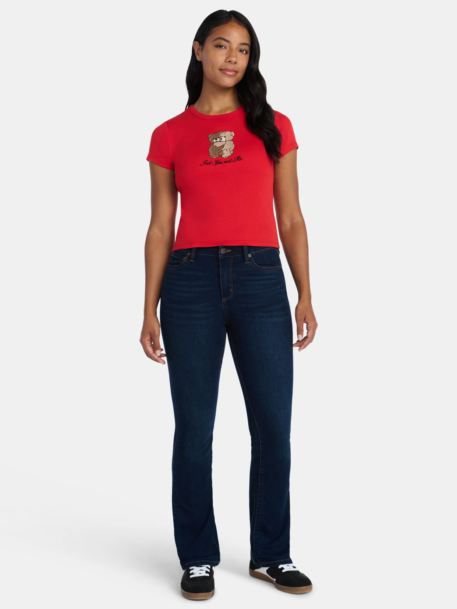 Valentine's Day Women’s Teddy Bears Embroidered Graphic Tee with Short Sleeves, Sizes XXS-XXL