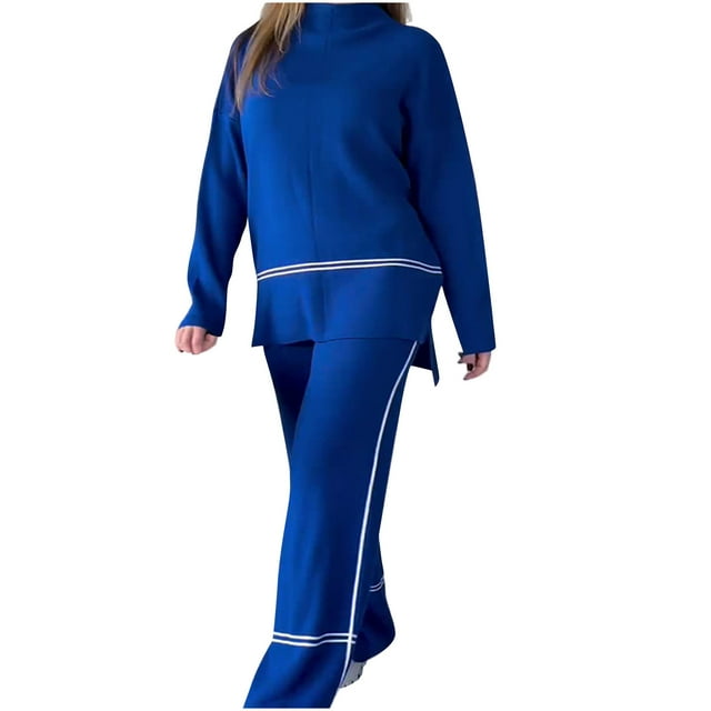 AherBiu Ensembles de Détente pour Femmes Chandail Col Rond Hauts Pantalons Larges Tricotés 2 Pcs Tenues d'Hiver