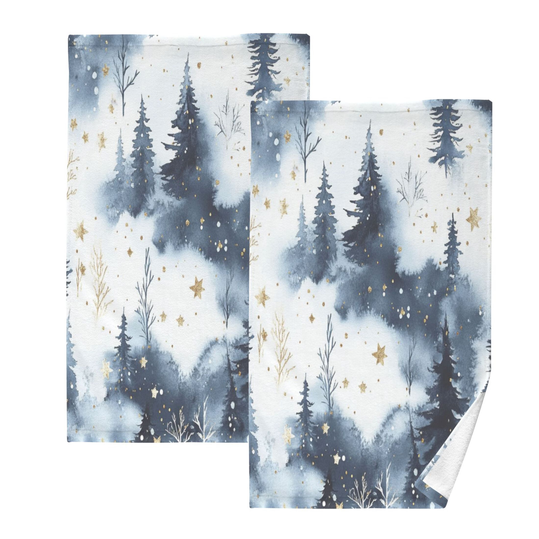 2 Pcs Absorbent Face Towel Bath Hand Towels Soft Breathable Cotton Towel Set for Bathroom Kitchen Hotel Spa Decor Watercolor Winter Wonderland Pattern