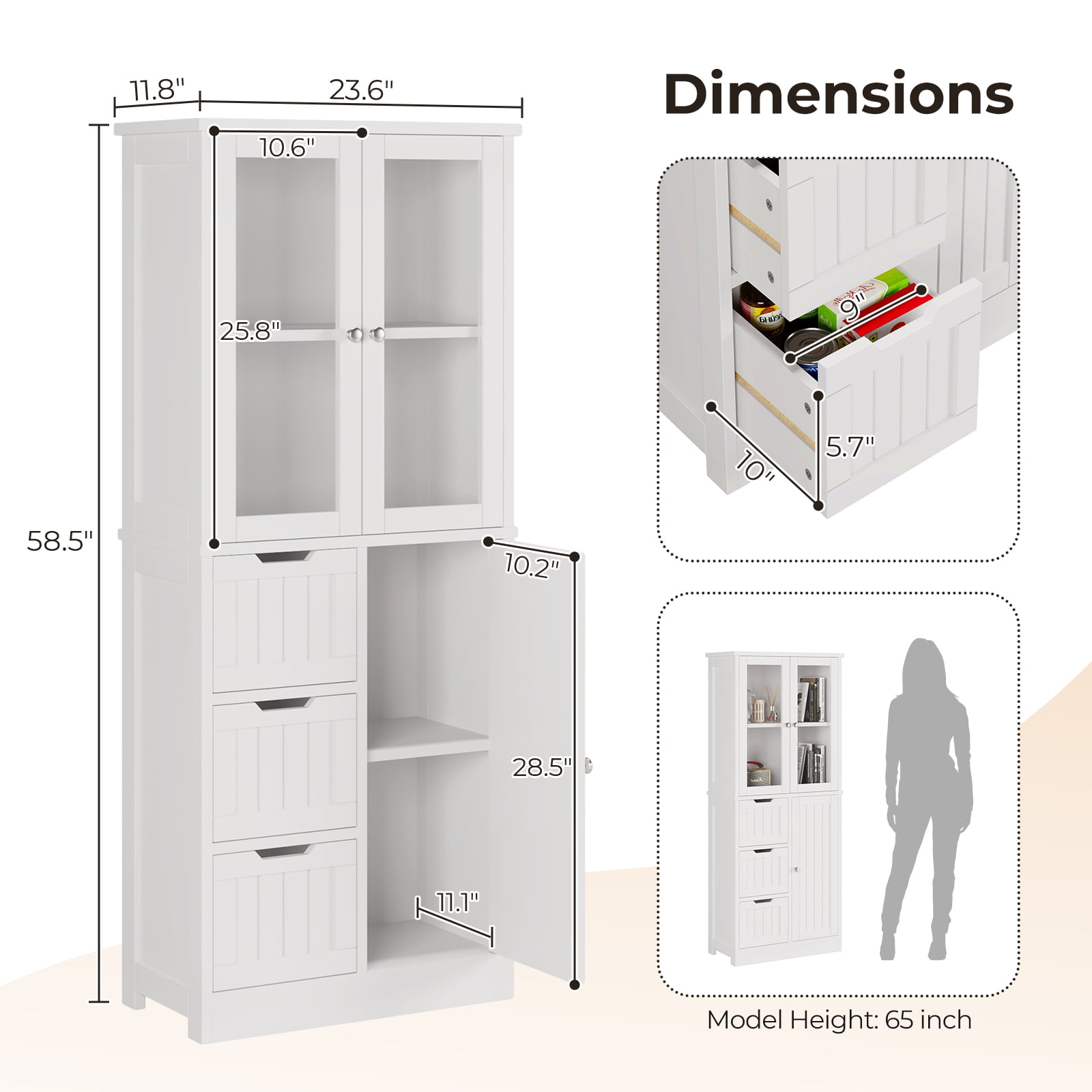 Ktaxon Kitchen Pantry Cabinet Wooden w/ 4 Drawers & 3 Doors Glass Doors, MDF Freestanding for Entryway Bathroom Living Room, White