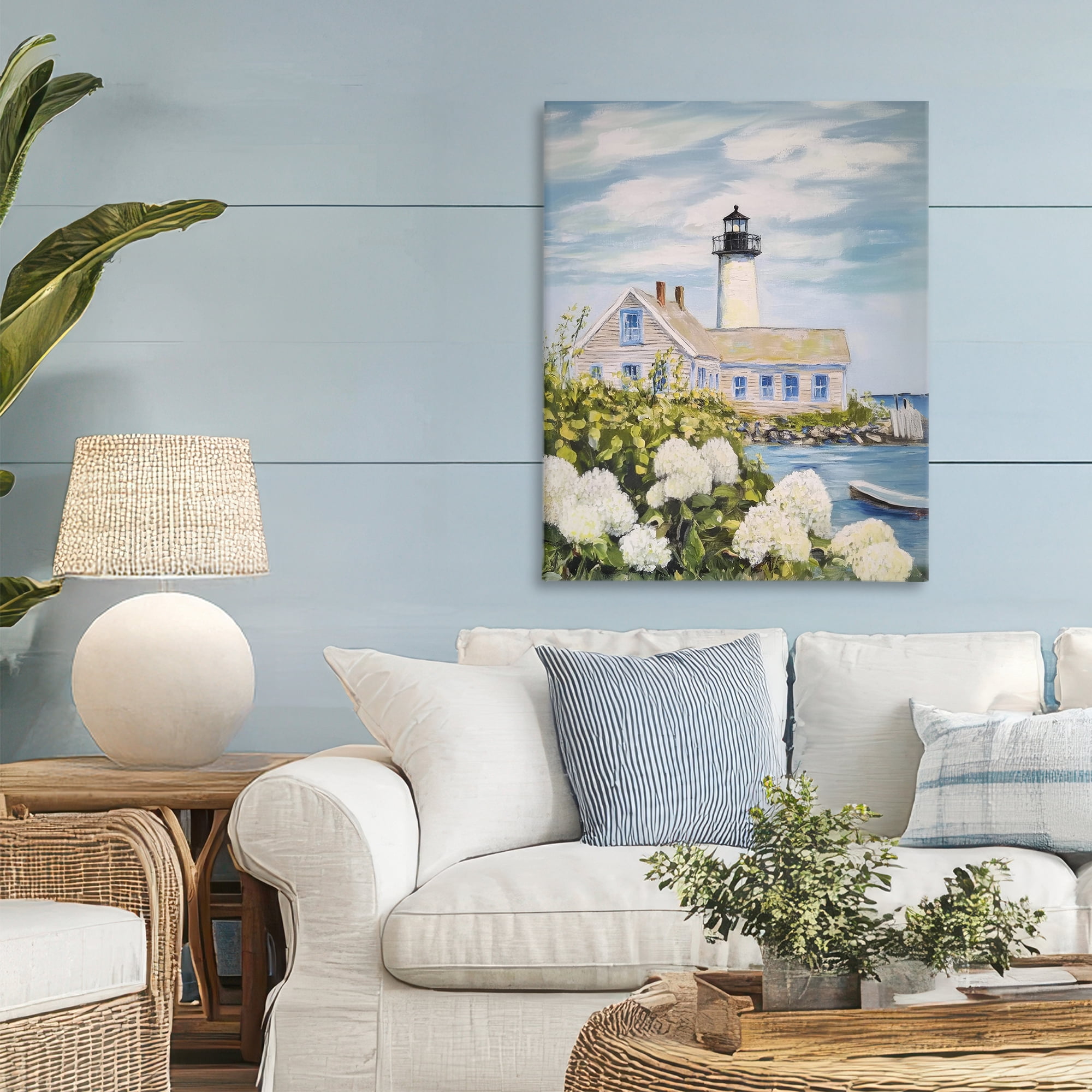 Stupell Industries Lighthouse Scenery with Hydrangeas Canvas Wall Art, design by Sisi and Seb
