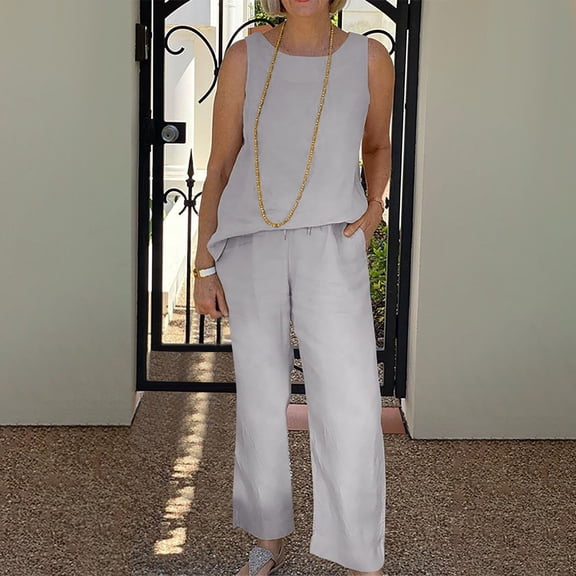 Idoravan Women Sets Clothing Clearance 2PC Fashion Womens Round Neck Solid Sleeveless Blouse  Loose Pockets Pants Sets