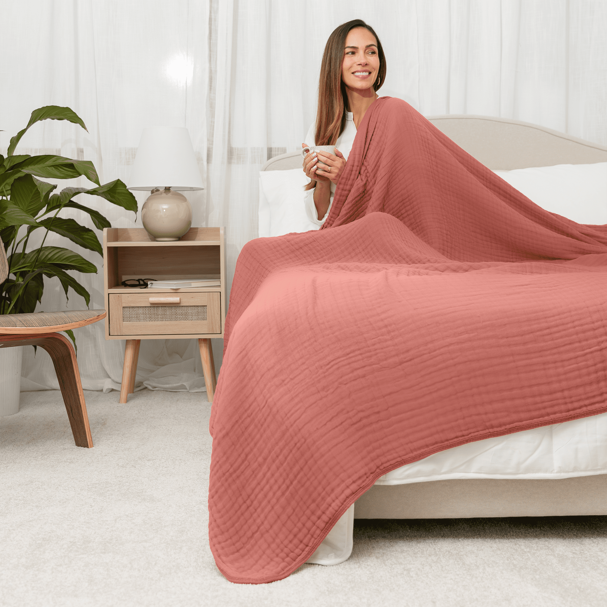Comfy Cubs Muslin Blanket, Large 108” x 90”, 6 Layer Cooling Cotton Softness (Dusty Rose, King)