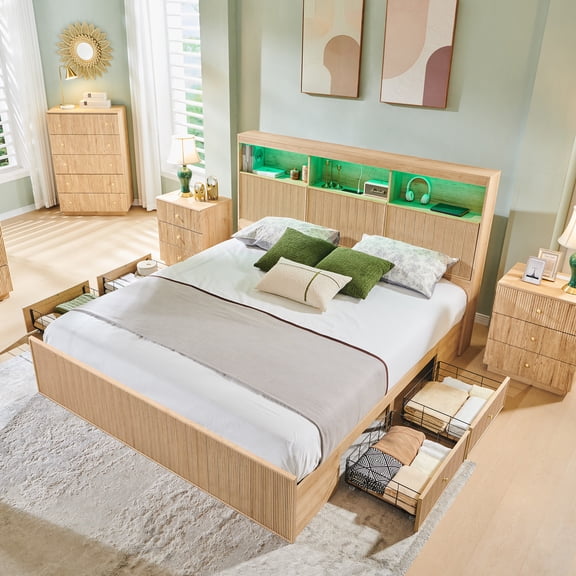 Aitjunz Modern King Size Bed Frame with 50" Tall Storage Headboard, 4 Under-Bed Storage Drawers, Fluted Wood Platform Bed w/ LED Lighting and Charging Station, No Box Spring Needed, Natural