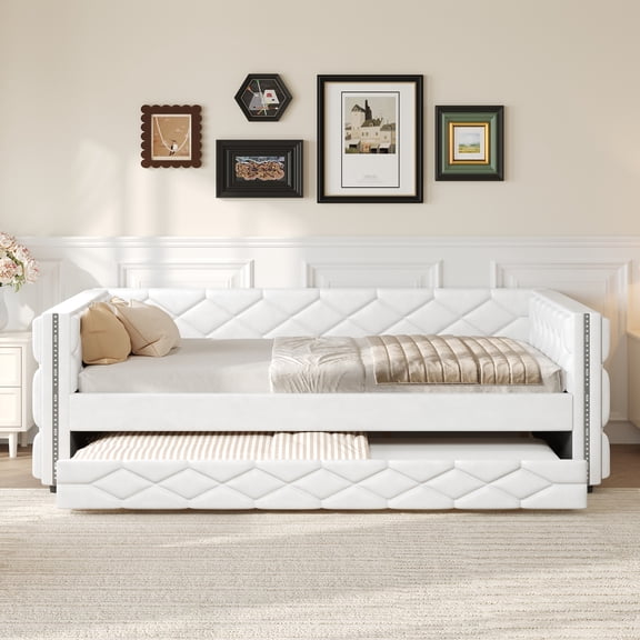 Noble House Girel Full XL Size Upholstered PU Leather Daybed with Extra Twin Trundle and LED Light, White