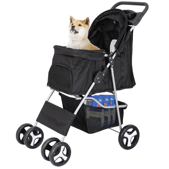 SuperDeal Folding Pet Stroller for Small Dog Cat, 4 Wheels Breathable Pet Carrier W/Cup Holder & Basket, Black
