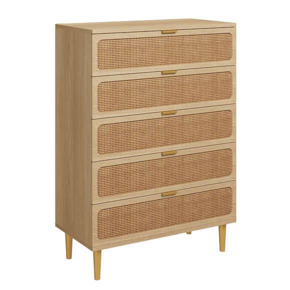 Commode à 5 Tiroirs pour Chambre, Commode en Rotin, Commode Moderne en Bois avec Poignées Dorées, Table de Chevet pour Garde-Robe, Salon et Entrée, Bois
