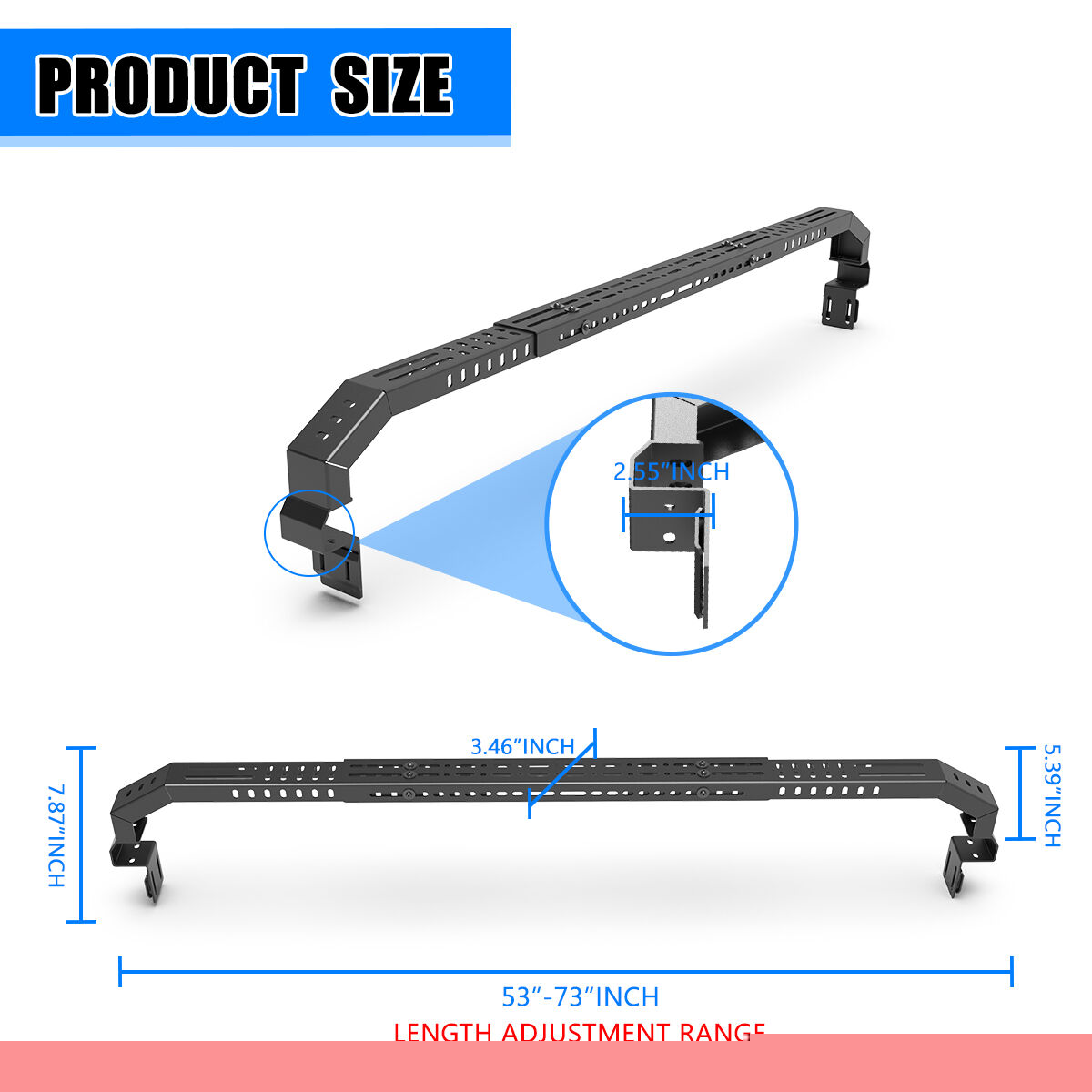 thumbnail image 3 of 2 PACK Adjustable Low Profile Trucks Bed Rack Cross Bar fit for Full-Size&Mid-Size, Adjustable length of 53-73 inches, Maximum load capacity of 600 lbs/pcs, Black, For Dodge Ram/Chevy/Ford/Toyota Tun, 3 of 12