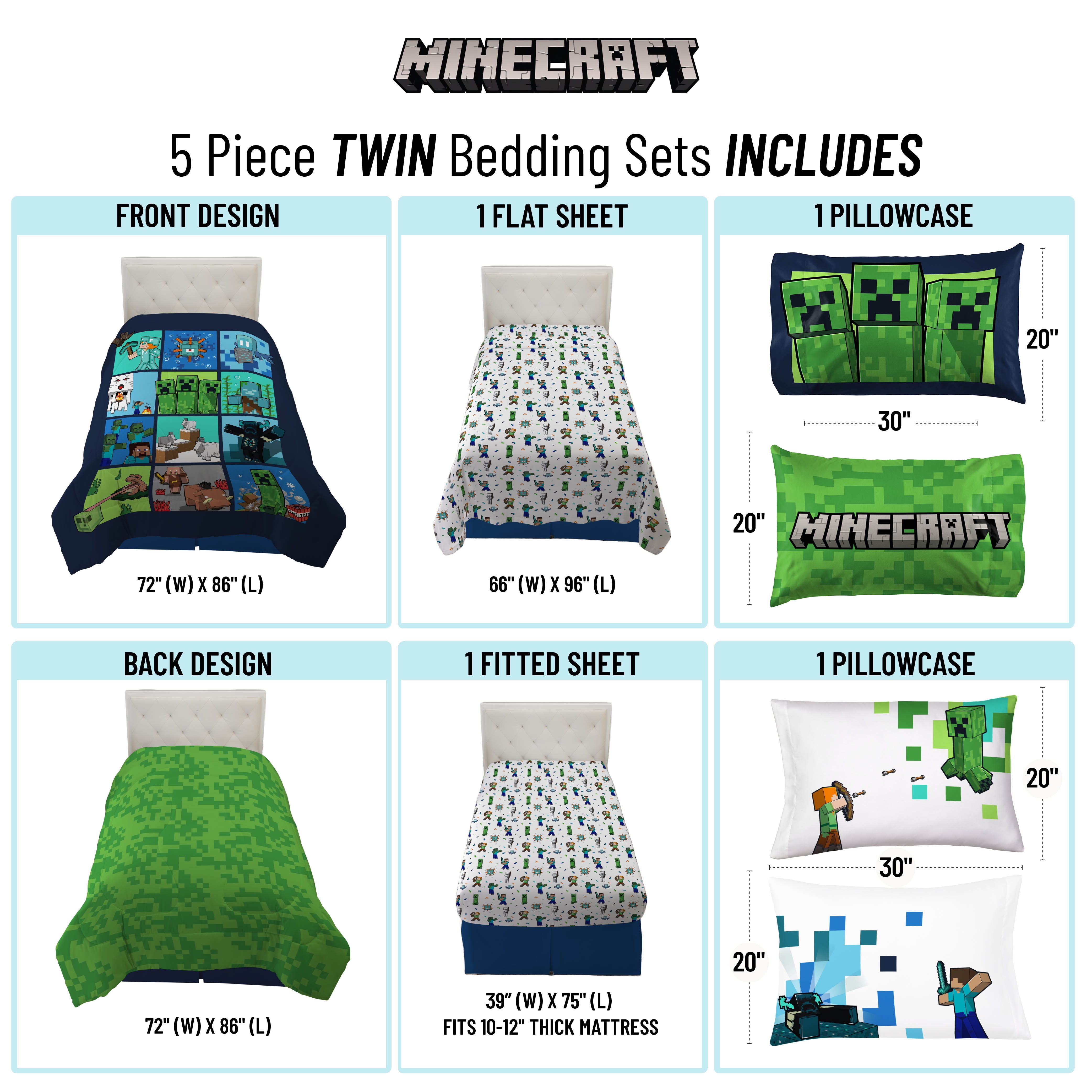 Mojang Minecraft Blue 5 Piece Twin Bed Set w/ Sham, 100% Microfiber