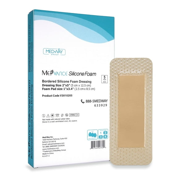 MedVanceTM Silicone - Bordered Silicone Adhesive Foam Dressing, 2"x5" (1.2"x3.4" pad) Box of 5 dressings