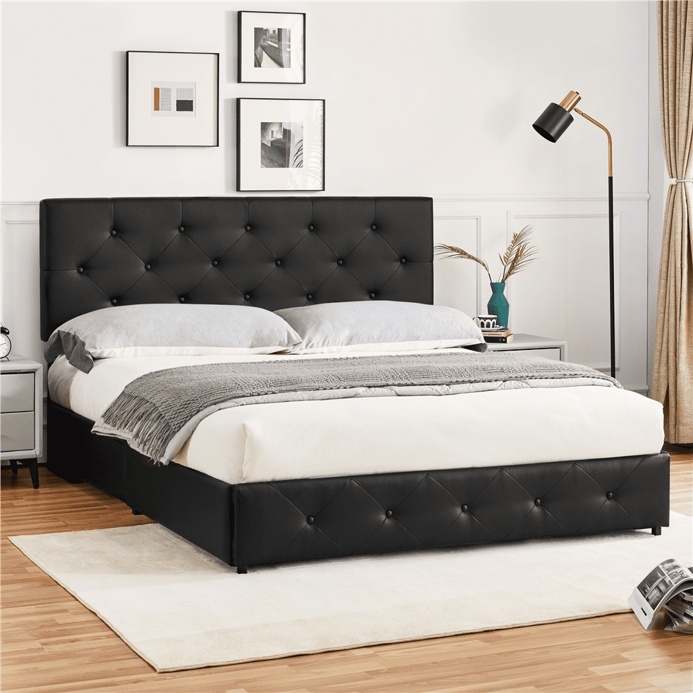 Renwick Diamond Button-Tufted Upholstered Platform Bed with Storage, Adult, Black, Queen