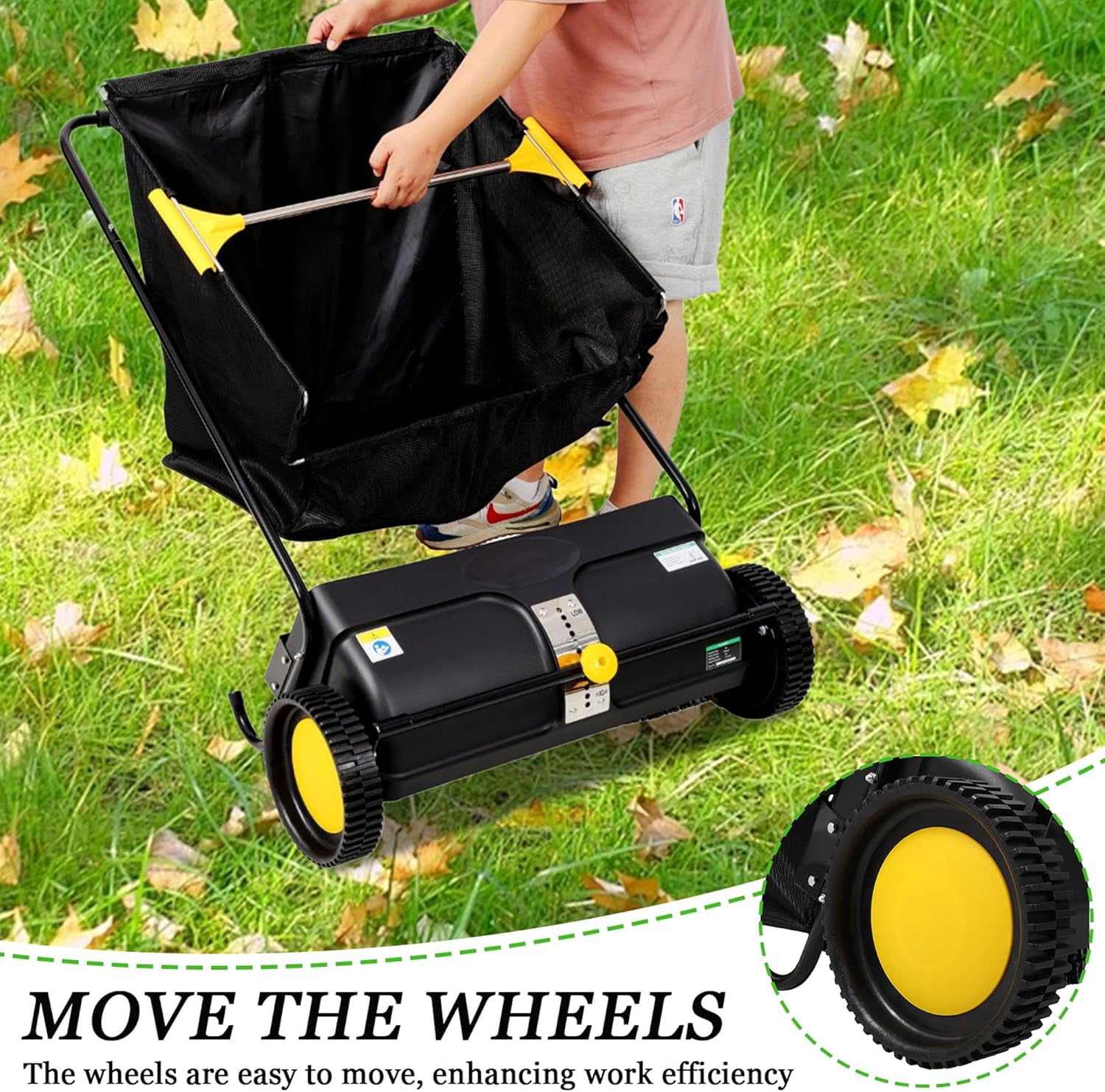 Elleree 26 inch Hand Push Lawn Sweeper for Leaves and Grass Clippings & Yard Debris,Leaf & Grass Collector with Wheels ,4 Spinning Brushes & 7 cu ft Hopper Bag