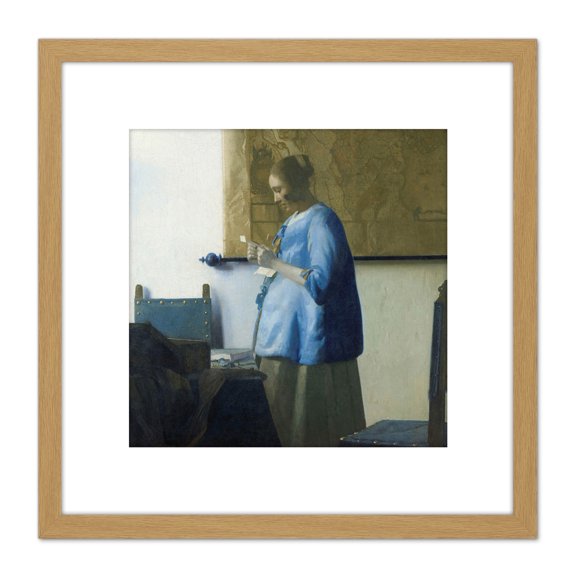 Vermeer Woman Reading A Letter Painting 8X8 Inch Square Wooden Framed Wall Art Print Picture with Mount