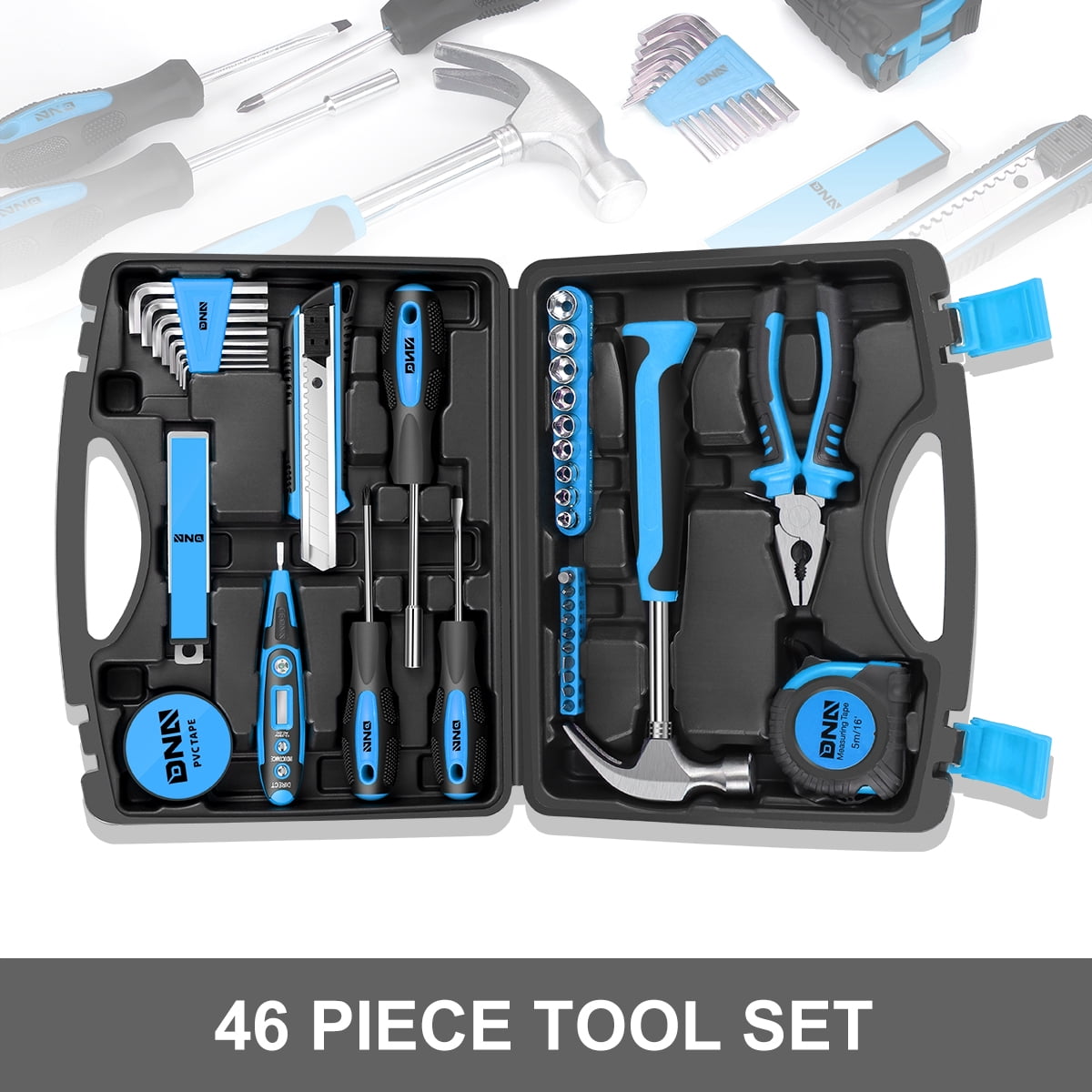 DNA Motoring TOOLS-00013 Blue 46 PCs Home Tool Set Electonic Repair Precision Screwdriver Voltage Tester Hammer Plier DIY Kit