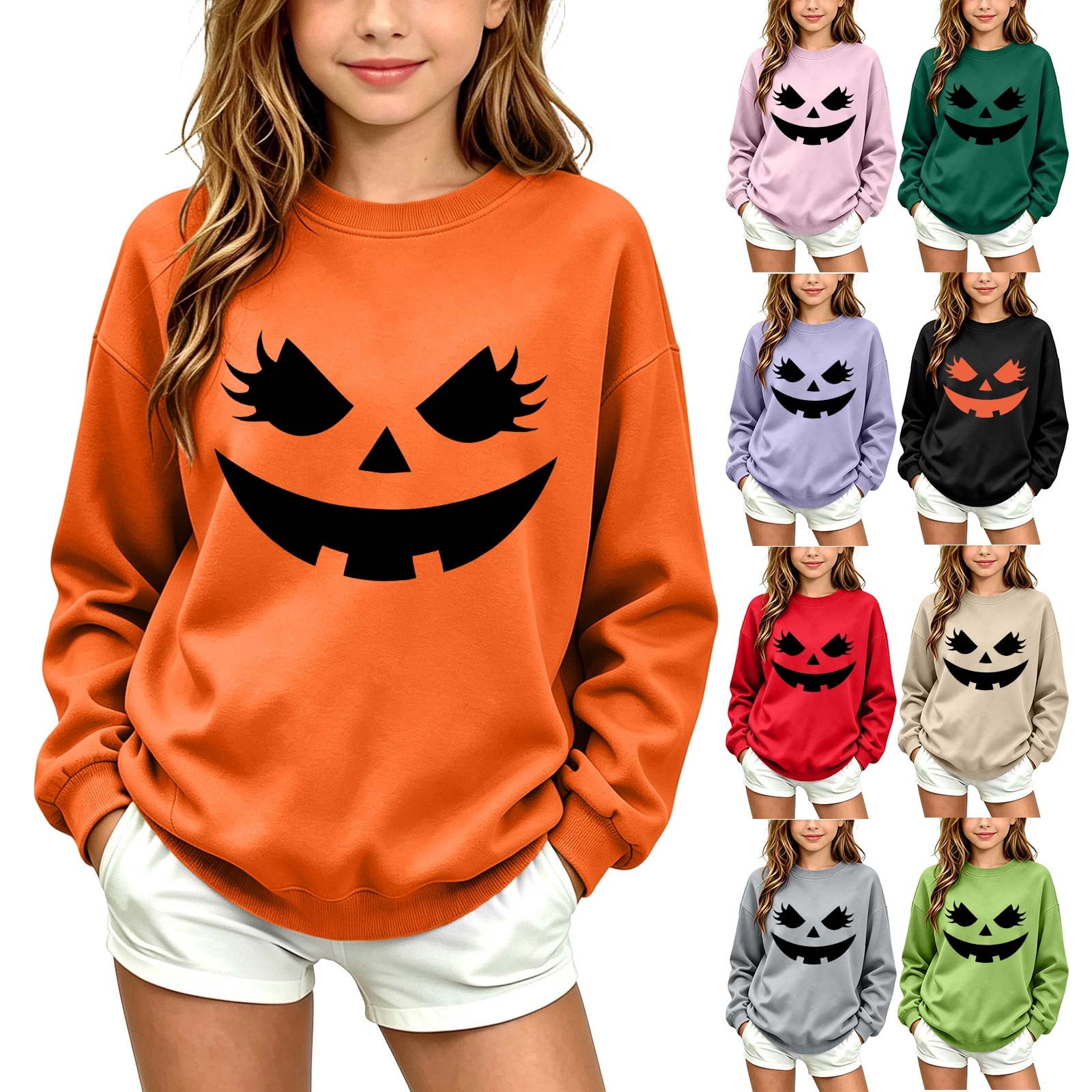 LUGOGNE Kids Halloween Sweatshirt Boys Girls Long Sleeve Crewneck Pullover Sweatshirts Funny Eyelash Pumpkin Face Print Fall Casual Halloween Party Outfits Orange 12-13 Years
