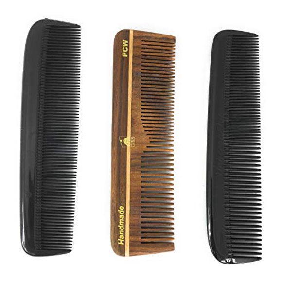 GBS Peigne à Cheveux Variété 3 pack - Bois 5 Pouces, Noir Tout Fin & Grossier