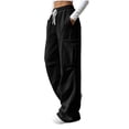 thumbnail image 4 of WIZUTIZ Women's Solid Color Wide Leg Jogger Pants High Rise Elastic Drawstring Waist Side Pockets Long Length Casual Trousers Comfy Soft Stretchy Everyday, 4 of 8