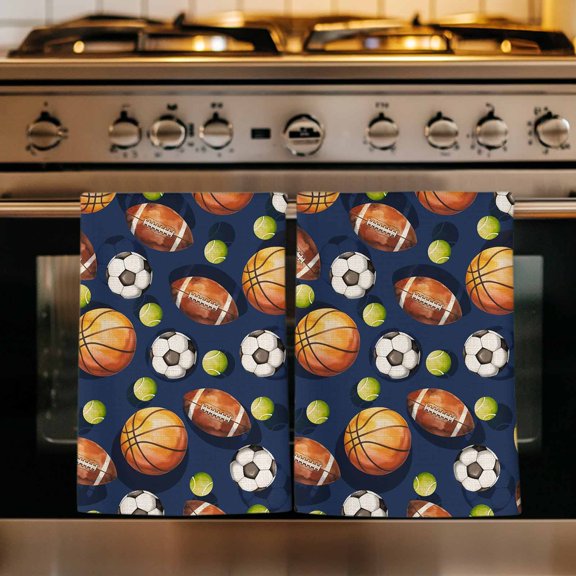 Brown Basketball Football Kitchen Towels Set of 3, Ball Watercolor Navy Blue Absorbent Dish Towels for Kitchen, Microfiber Hand Towel, Quick Drying Tea Towel for Cleaning Decorative Dishcloths