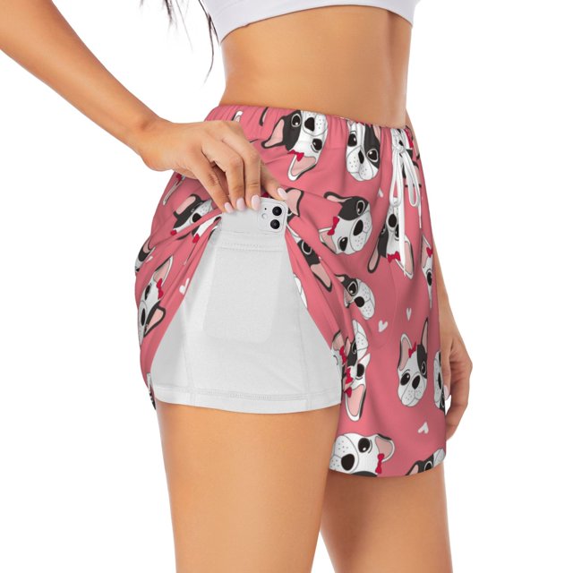 Balery French Bulldog Face Pantalones cortos deportivos para mujer con forro y dos bolsillos, elásticos, para entrenamiento, gimnasio, yoga-Medium