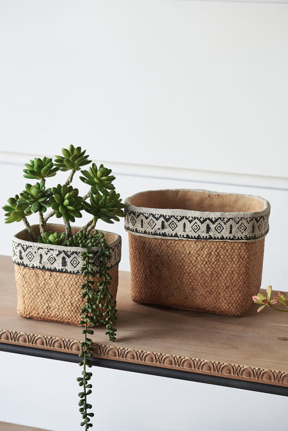 Set of 2 Rectangular Basket Planters with Geometric Trim, L:10.5x8.5x8" S:7.5x5.5x6.5"
