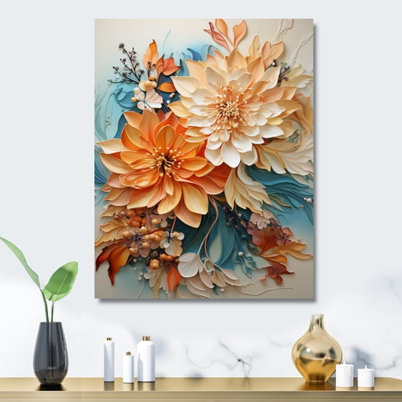 Designart "Orange Teal botanic Whirlwind I" Abstract Botanicals Metal Wall Art Prints