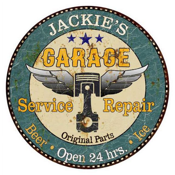 JACKIE'S Garage 12" Round Metal Sign Man Cave Home Wall Décor 200120027299