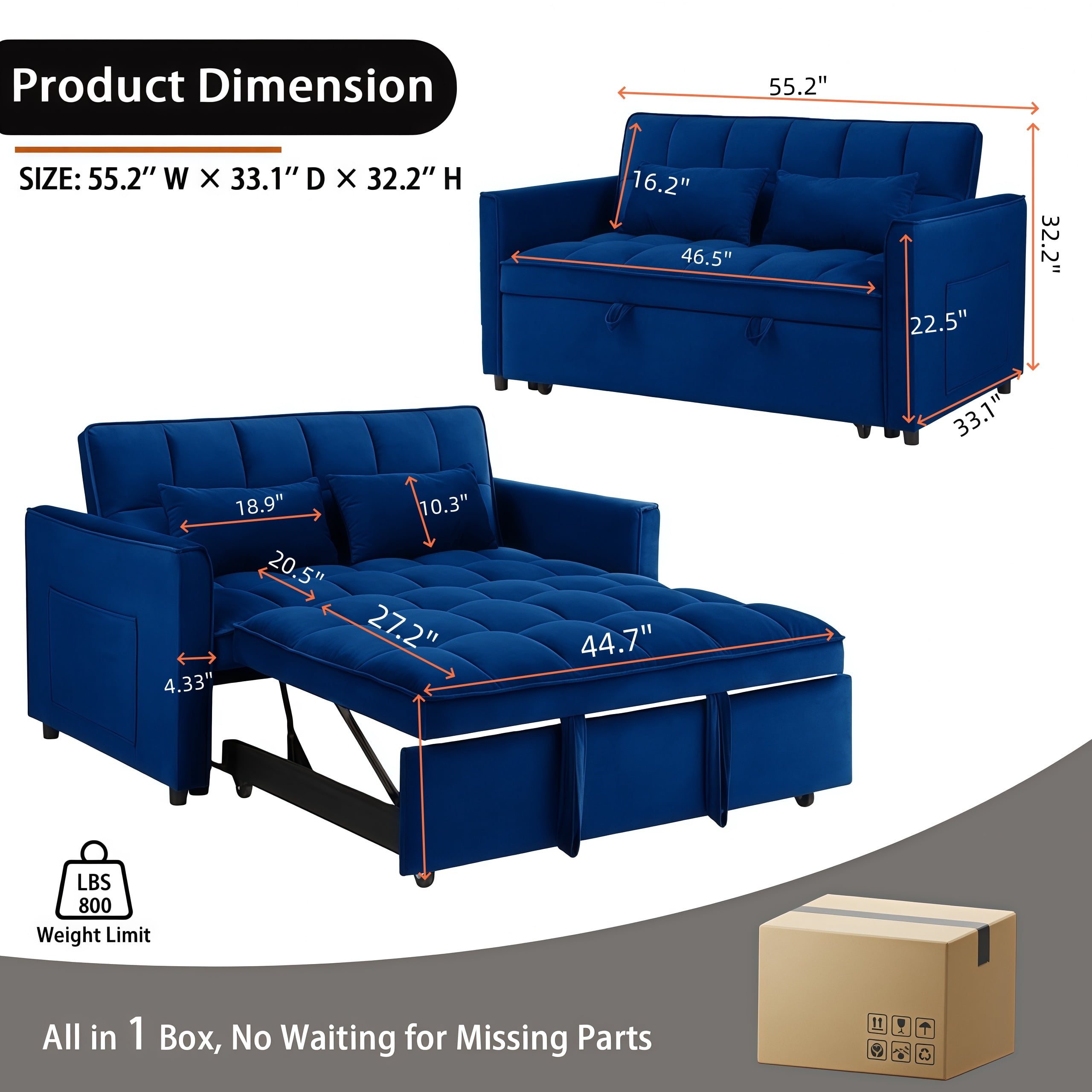 EPOWP 3 in 1 Folding Convertible Sofa Bed,55'' Pull Out Couch Bed with Side Pocket,Velvet Fabric Loveseat Sleeper Sofa with Adjustable Backrest,Easy Assembly,Perfect for Living Room,Blue