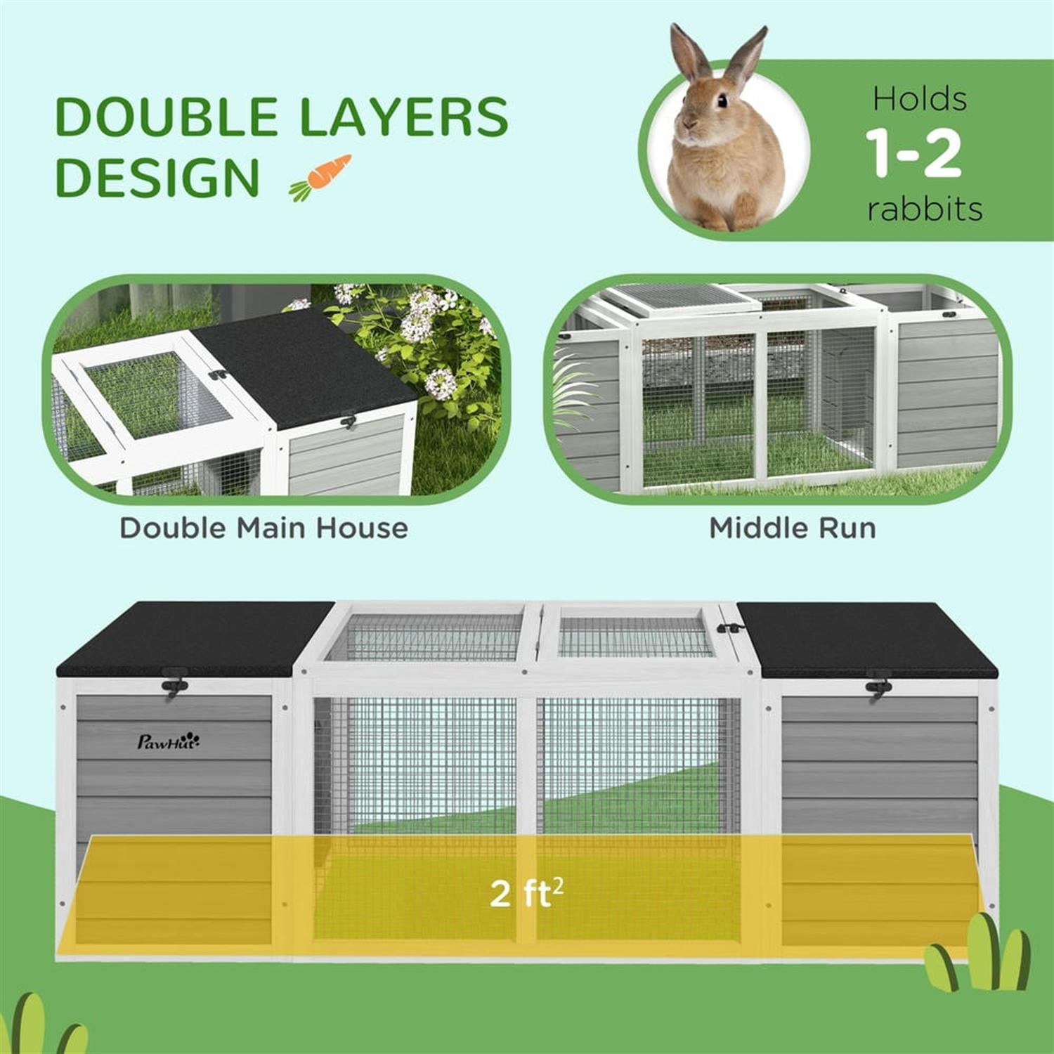 Kadyn 55" Wooden Rabbit Hutch with Openable Asphalt Roofs, Outdoor Small Animal Habitat Enclosure Bunny Cage for Bunnies, Guinea Pigs, Gray