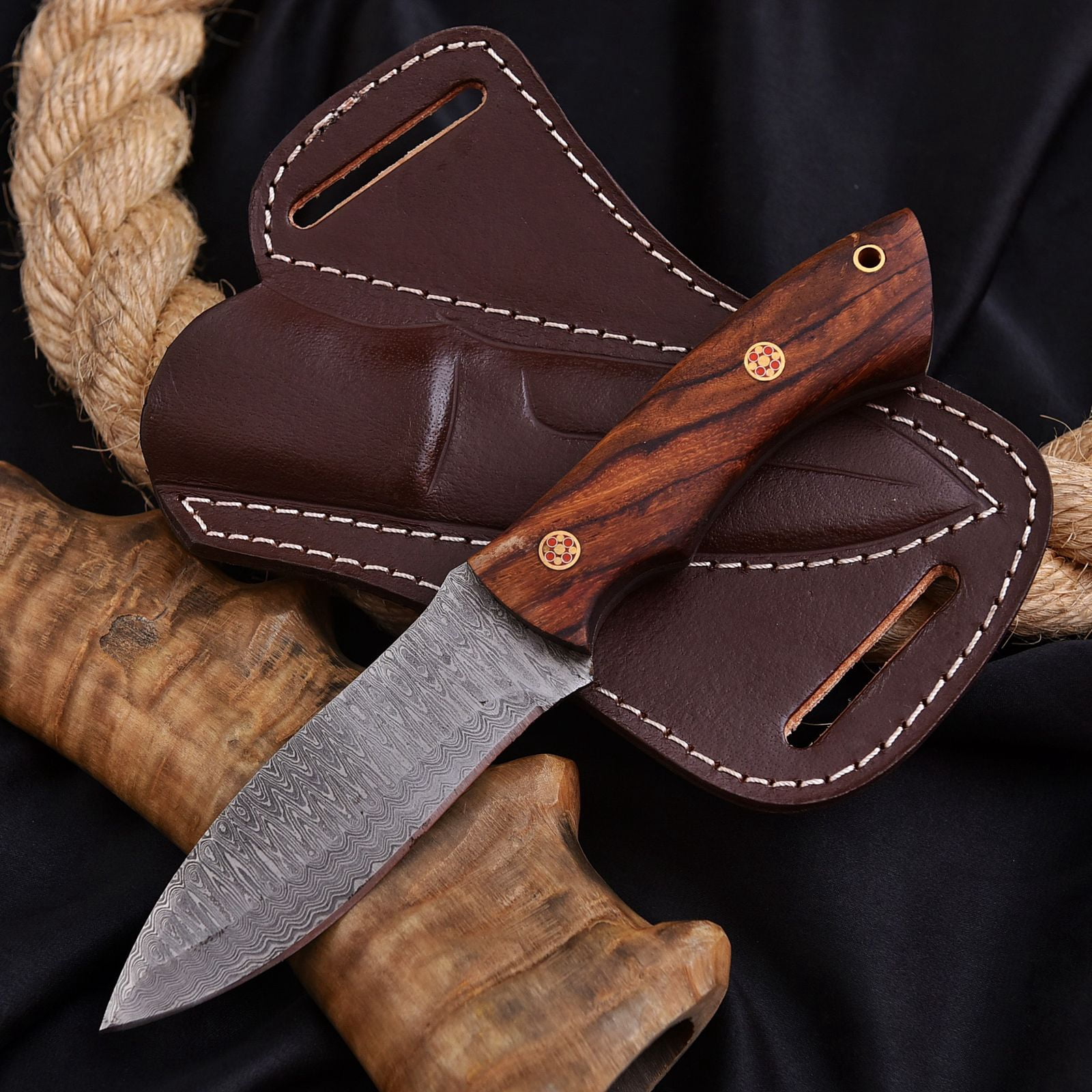 Damascus Hunting Knife Bushcraft Survival Blade, Leather Sheath Outdoor Camping Equipment