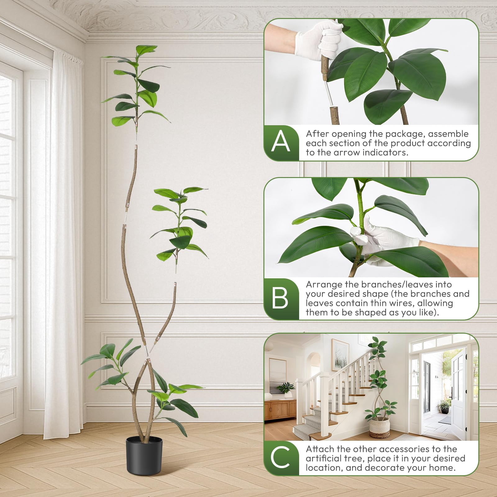 5FT Artificial Plant Rubber Tree with White Sphere Resin Planter & Stone,Faux Plants Indoor Faux Floor Plant Faux Fiddle Leaf Fig Tree Indoor Artificial Tree Tall Plant Fake Tree for Home Decor