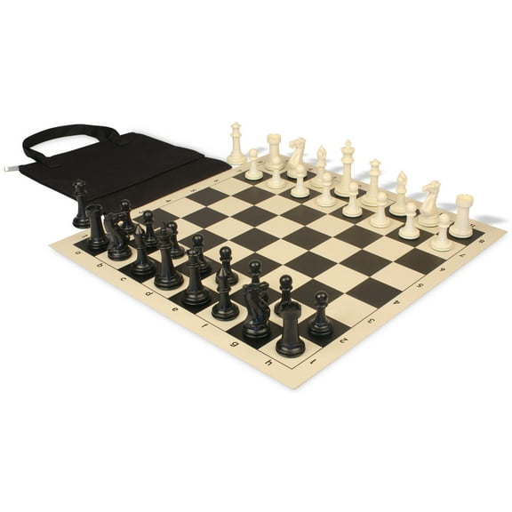 Executive Easy-Carry Plastic Chess Set Black & Ivory Pieces with Vinyl Rollup Board - Black