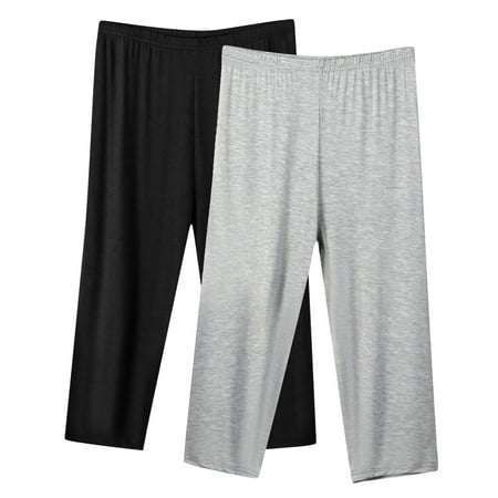 WCMZJ 2Pcs Womens Capri Pants Loose Yoga Pants Oversized Wide Leg Elastic Waist Comfy Lounge Pajama Capris 3/4 Length Pants Gray 2XL