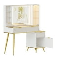 thumbnail image 3 of PAKASEPT Fluted Vanity Desk with Mirror and Lights, 47" Big Modern Vanity Desk with Glass Tabletop, Vanity Table with Charging Station, 4 Drawers, Shelves, RGB Glass Cabinet, for Bedroom, White, 3 of 7