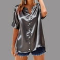 thumbnail image 5 of Short Sleeve Blouses for Women Summer Plus Size V-Neck Button-up Solid Color Casual Loose Leisure Outdoor Womens Satin T-Shirts, 5 of 6